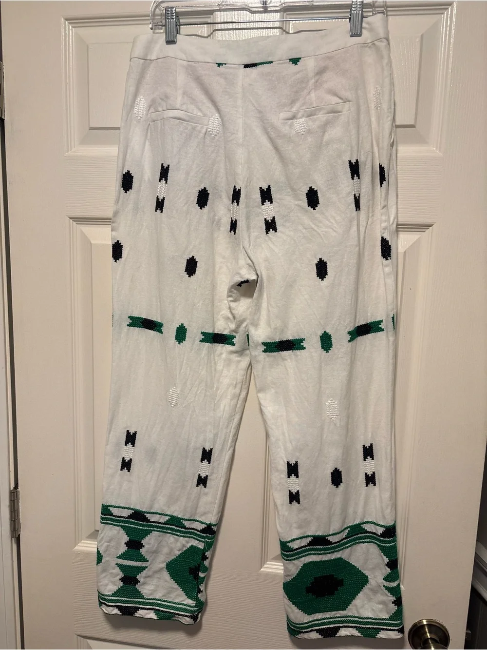 Zara Embroidered Linen Blend Cropped Straight Leg Pants White Green Large